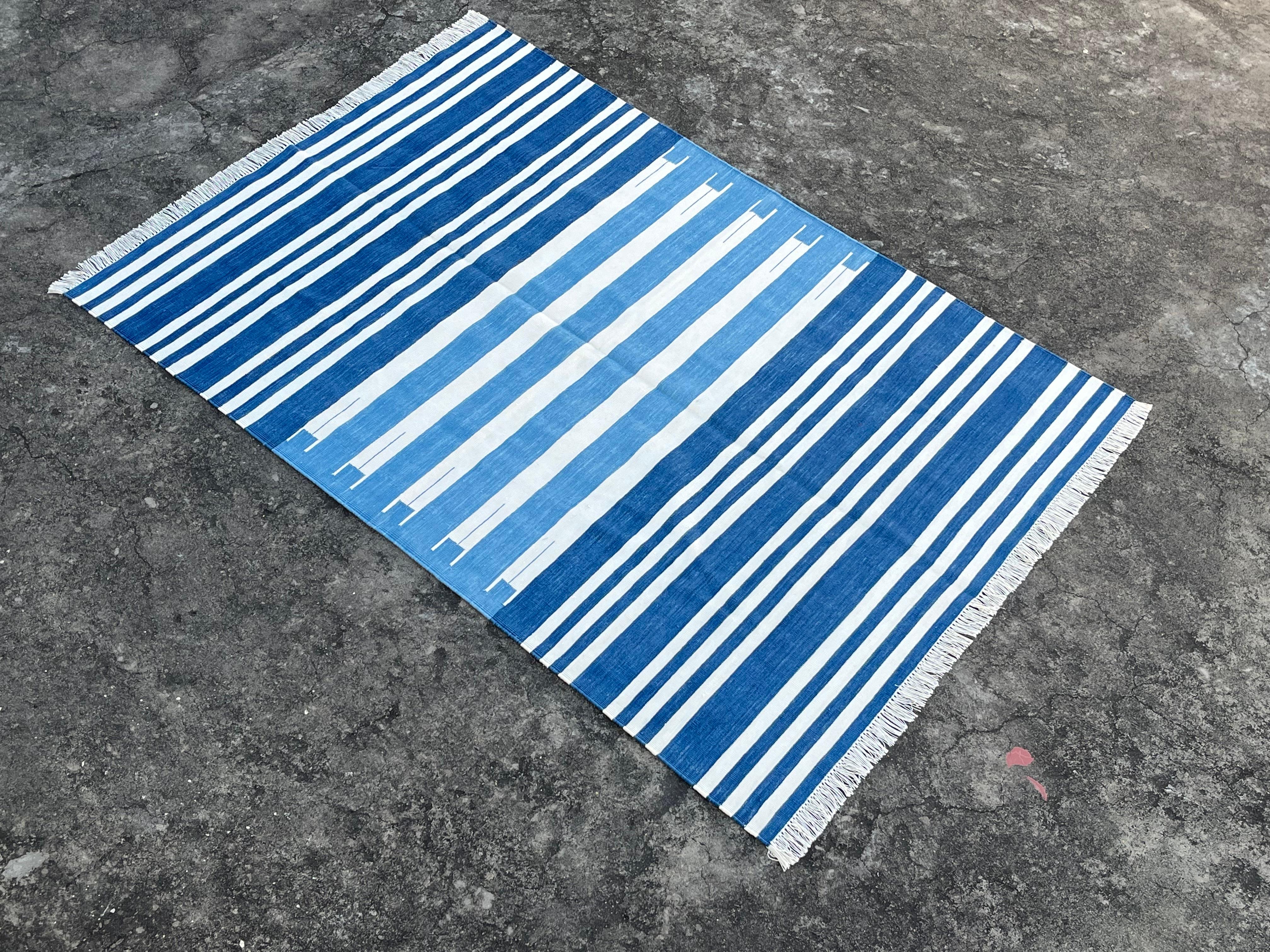 Handmade Cotton Area Flat Weave Rug, 4x6 Blue And White Striped Indian Dhurrie For Sale 4