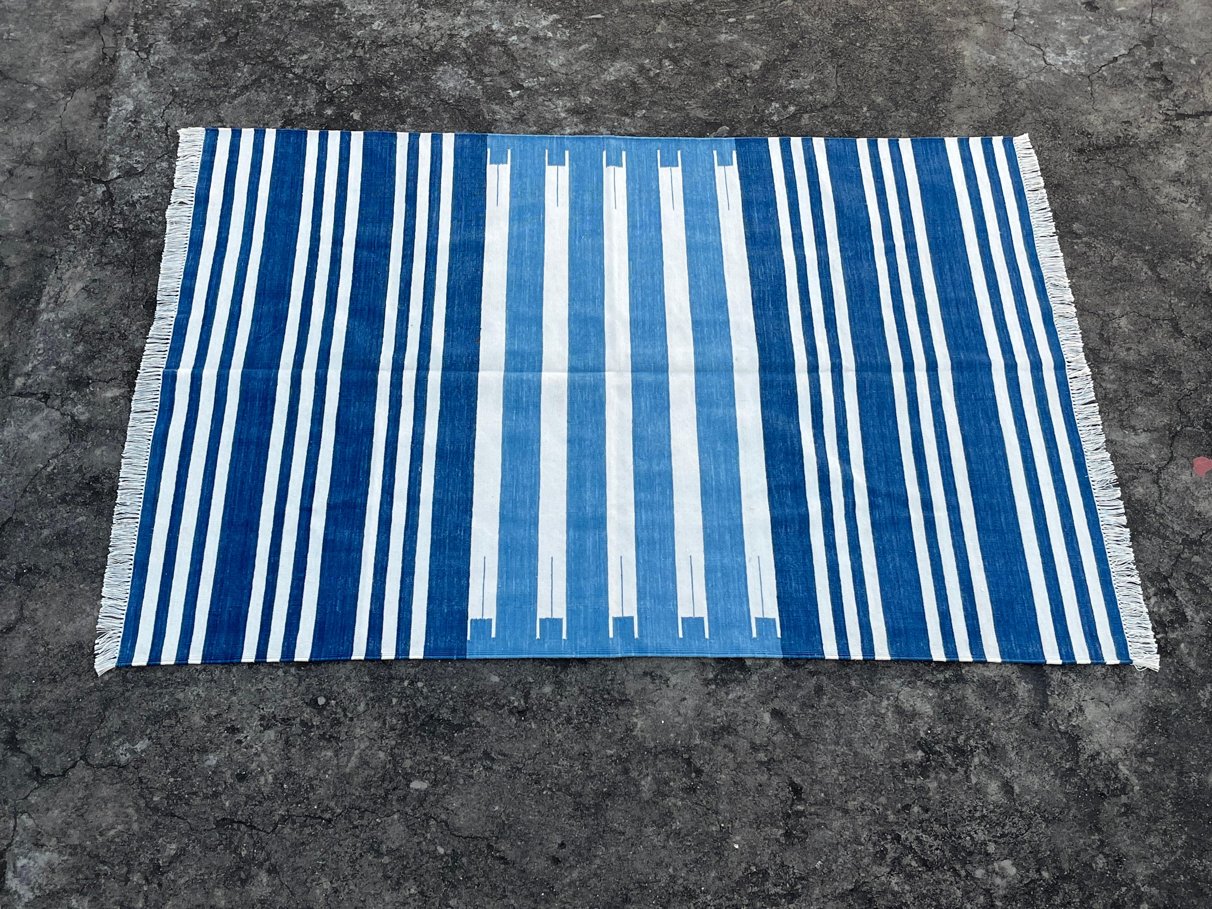 Handmade Cotton Area Flat Weave Rug, 4x6 Blue And White Striped Indian Dhurrie For Sale 5