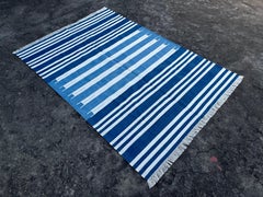 Handmade Cotton Area Flat Weave Rug, 4x6 Blue And White Striped Indian Dhurrie