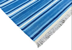 Handmade Cotton Area Flat Weave Rug, 4x6 Blue And White Striped Indian Dhurrie