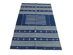 Handmade Cotton Area Flat Weave Rug, 4x6 Blue And White Striped Indian Dhurrie