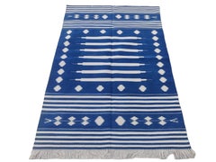 Handmade Cotton Area Flat Weave Rug, 4x6 Blue And White Striped Indian Dhurrie