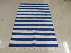 Handmade Cotton Area Flat Weave Rug, 4x6 Blue And White Striped Indian Dhurrie