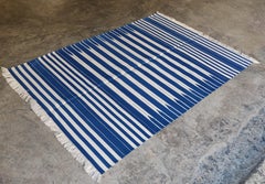 Handmade Cotton Area Flat Weave Rug, 4x6 Blue And White Striped Indian Dhurrie