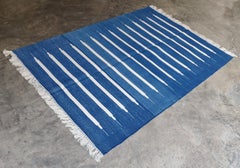 Handmade Cotton Area Flat Weave Rug, 4x6 Blue And White Striped Indian Dhurrie