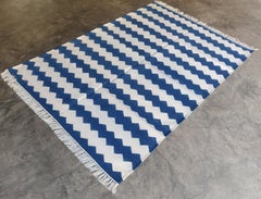 Handmade Cotton Area Flat Weave Rug, 4x6 Blue And White Striped Indian Dhurrie