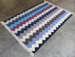 Handmade Cotton Area Flat Weave Rug, 4x6 Blue And White Striped Indian Dhurrie