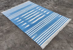 Handmade Cotton Area Flat Weave Rug, 4x6 Blue And White Striped Indian Dhurrie