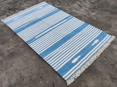 Handmade Cotton Area Flat Weave Rug, 4x6 Blue And White Striped Indian Dhurrie