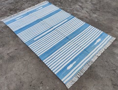 Handmade Cotton Area Flat Weave Rug, 4x6 Blue And White Striped Indian Dhurrie