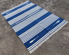 Handmade Cotton Area Flat Weave Rug, 4x6 Blue And White Striped Indian Dhurrie