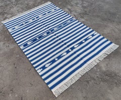 Handmade Cotton Area Flat Weave Rug, 4x6 Blue And White Striped Indian Dhurrie