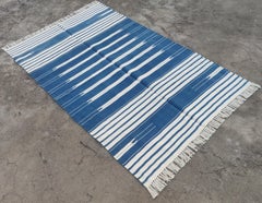 Handmade Cotton Area Flat Weave Rug, 4x6 Blue And White Striped Indian Dhurrie
