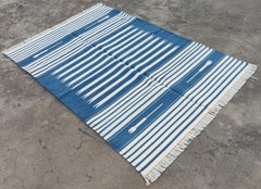 Handmade Cotton Area Flat Weave Rug, 4x6 Blue And White Striped Indian Dhurrie