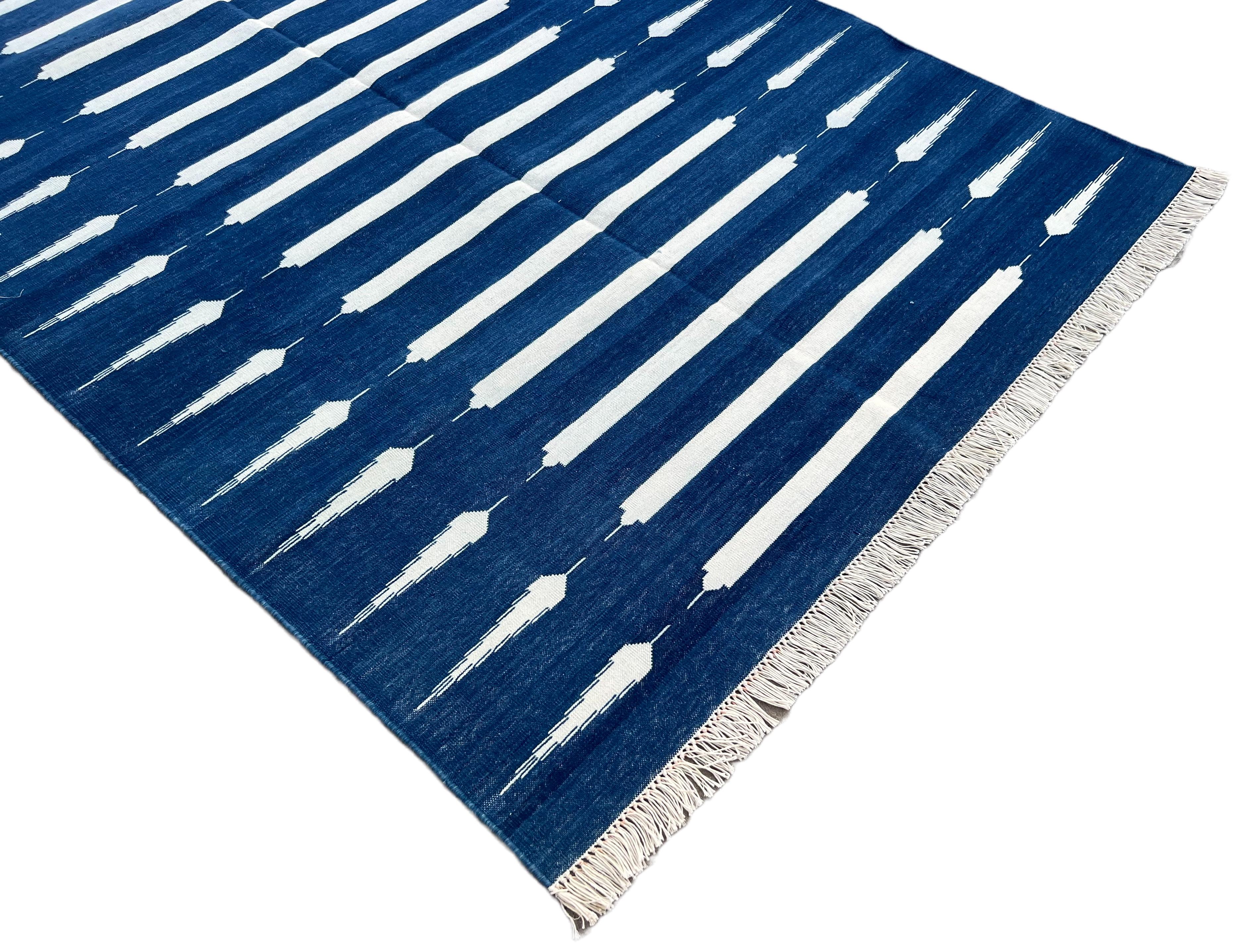 Mid-Century Modern Handmade Cotton Area Flat Weave Rug, 4x6 Blue And White Striped Indian Dhurrie For Sale