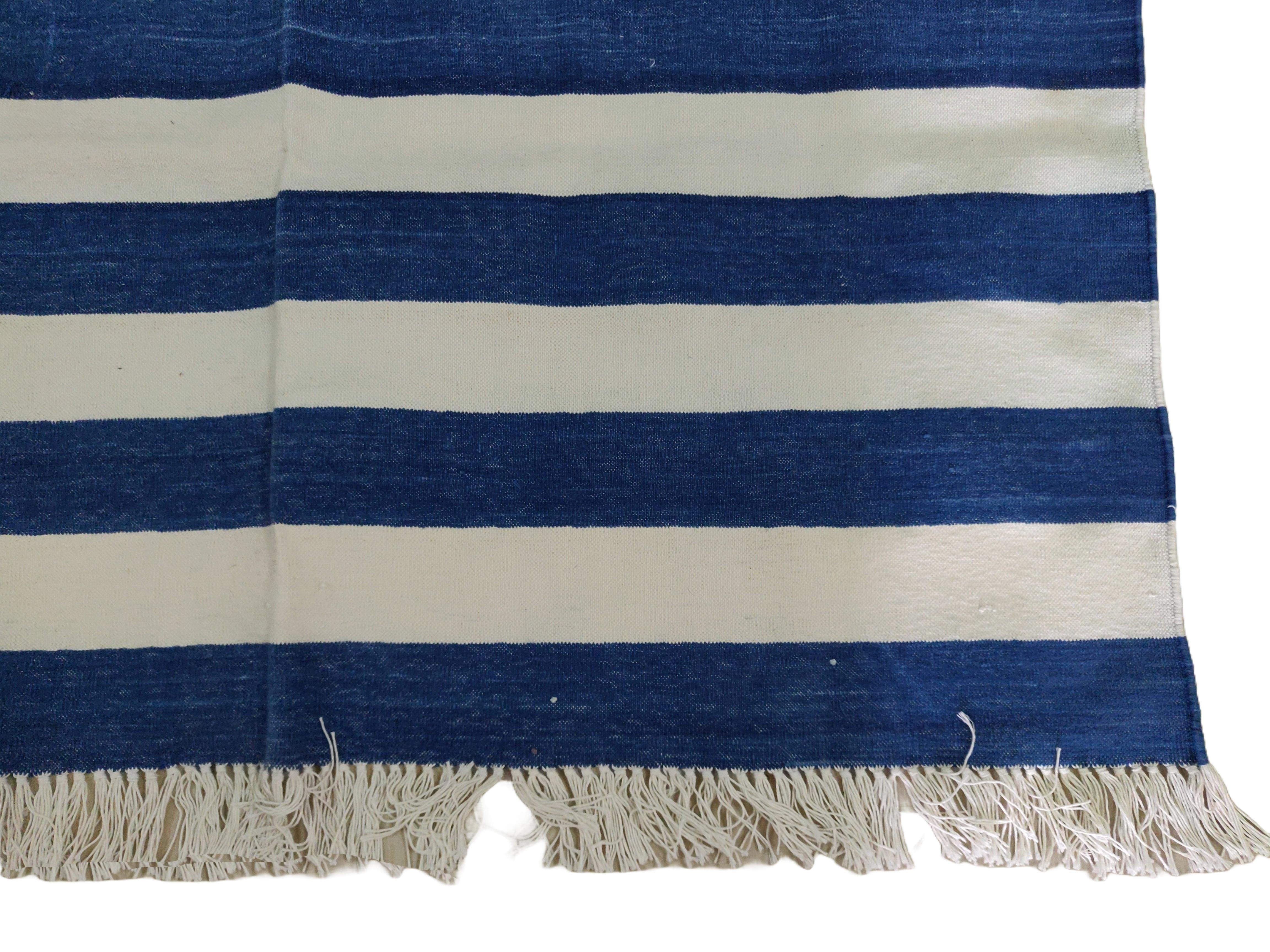 Mid-Century Modern Handmade Cotton Area Flat Weave Rug, 4x6 Blue And White Striped Indian Dhurrie For Sale