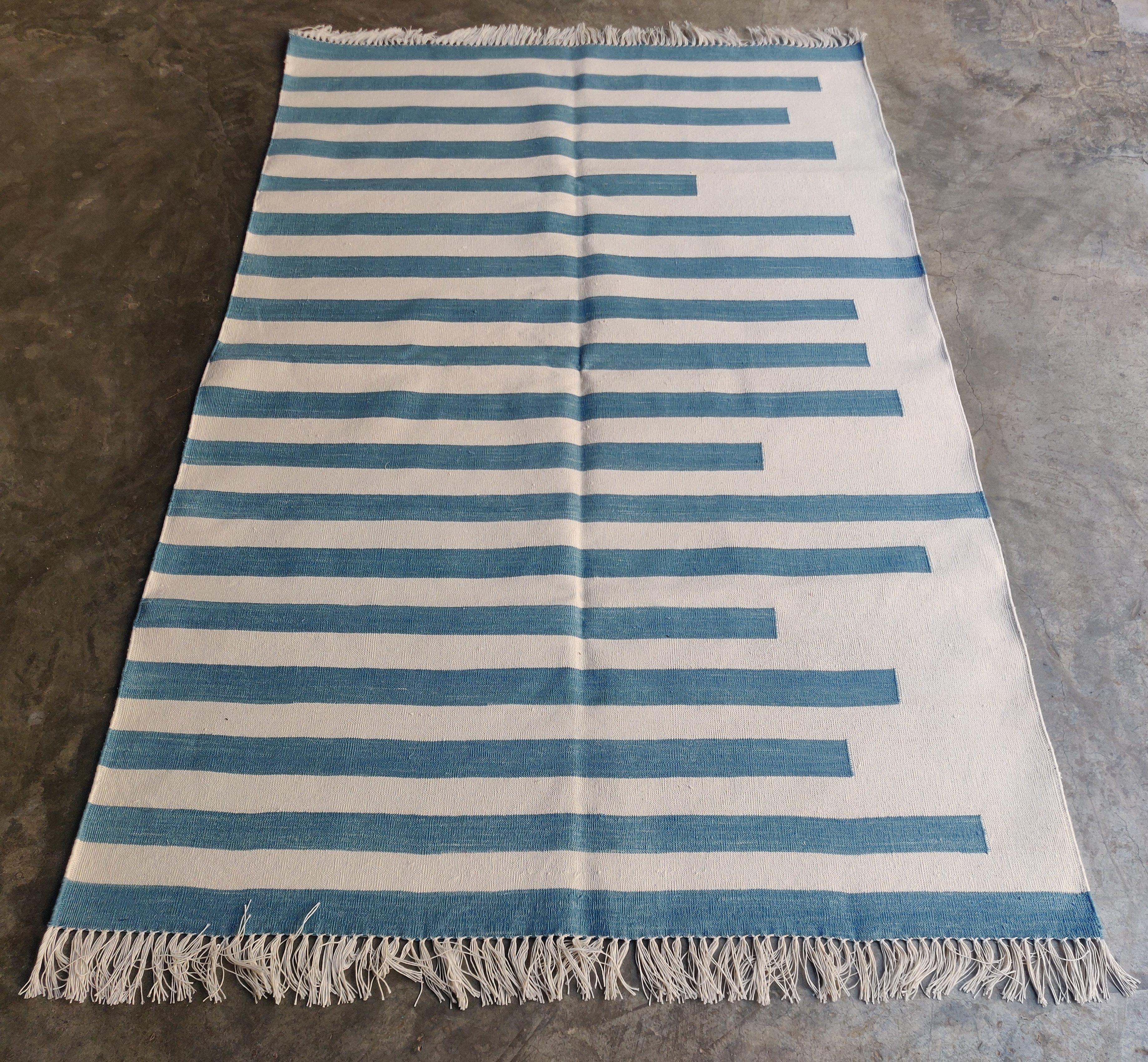 Mid-Century Modern Handmade Cotton Area Flat Weave Rug, 4x6 Blue And White Striped Indian Dhurrie For Sale