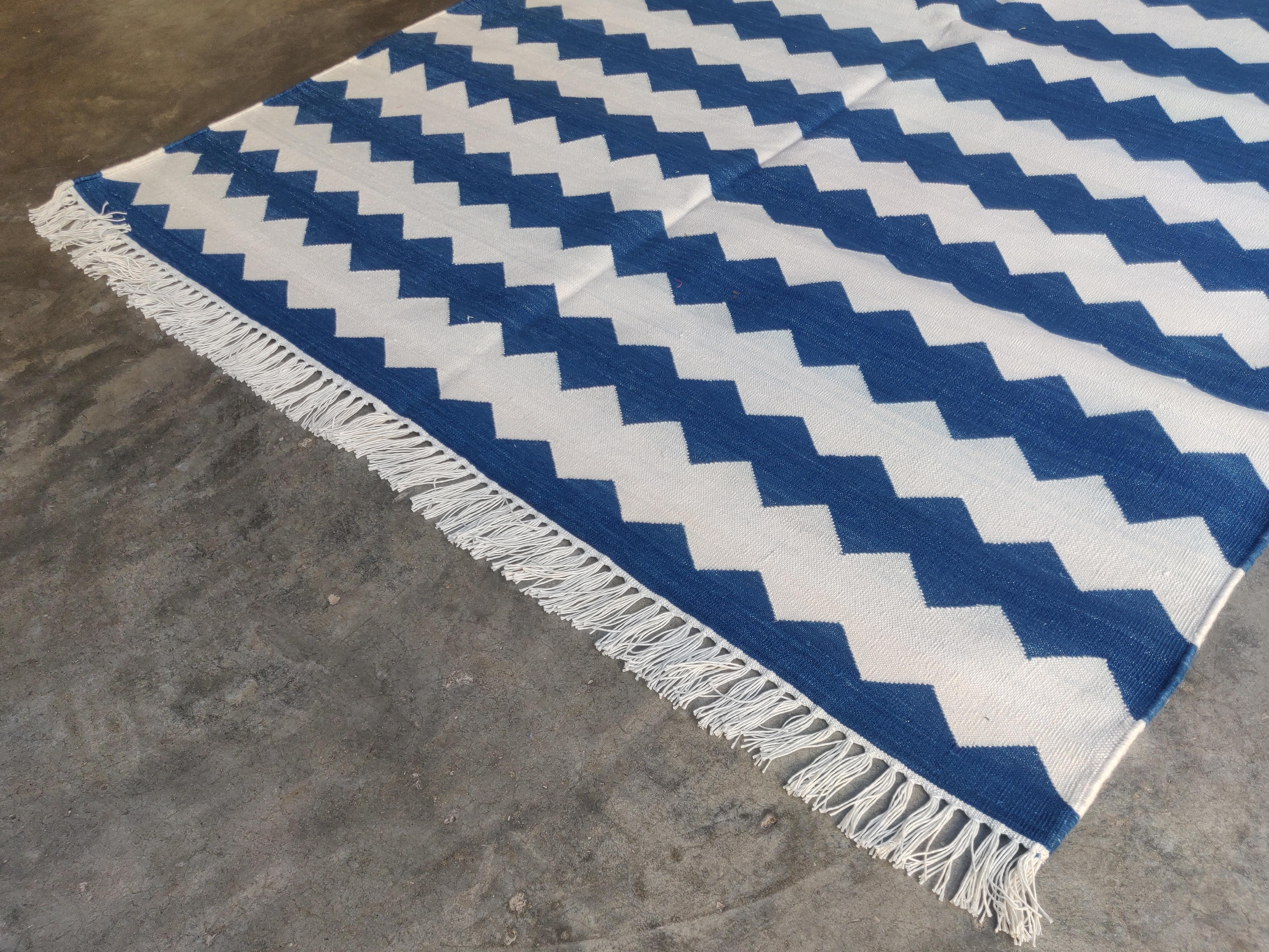 Mid-Century Modern Handmade Cotton Area Flat Weave Rug, 4x6 Blue And White Striped Indian Dhurrie For Sale