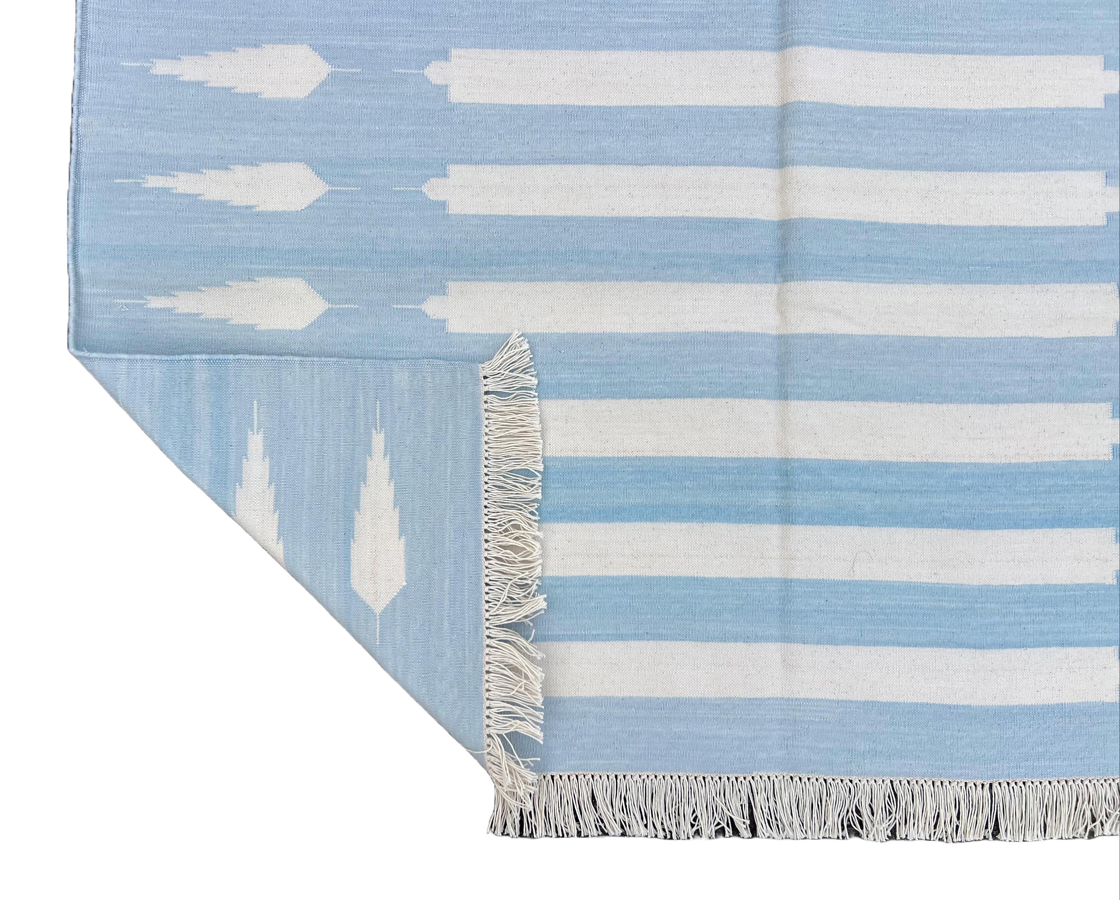 Mid-Century Modern Handmade Cotton Area Flat Weave Rug, 4x6 Blue And White Striped Indian Dhurrie For Sale