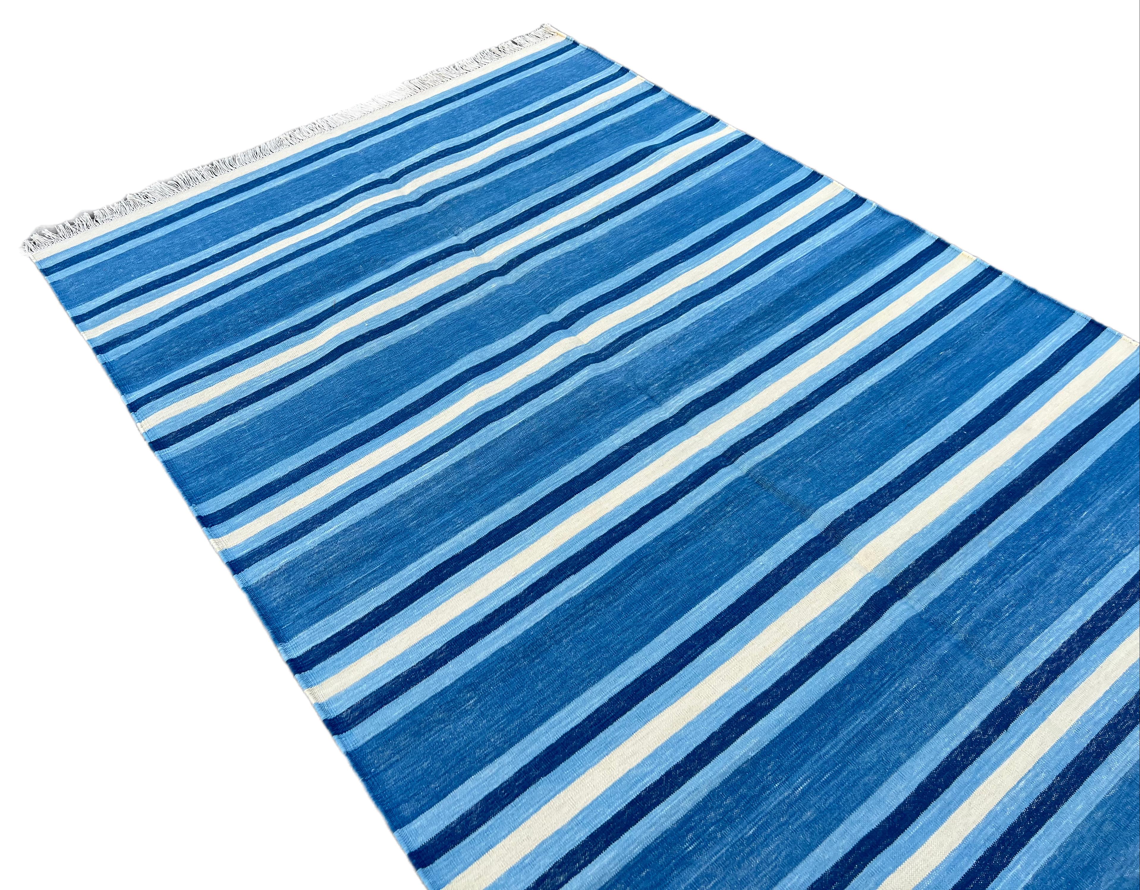 Hand-Woven Handmade Cotton Area Flat Weave Rug, 4x6 Blue And White Striped Indian Dhurrie For Sale