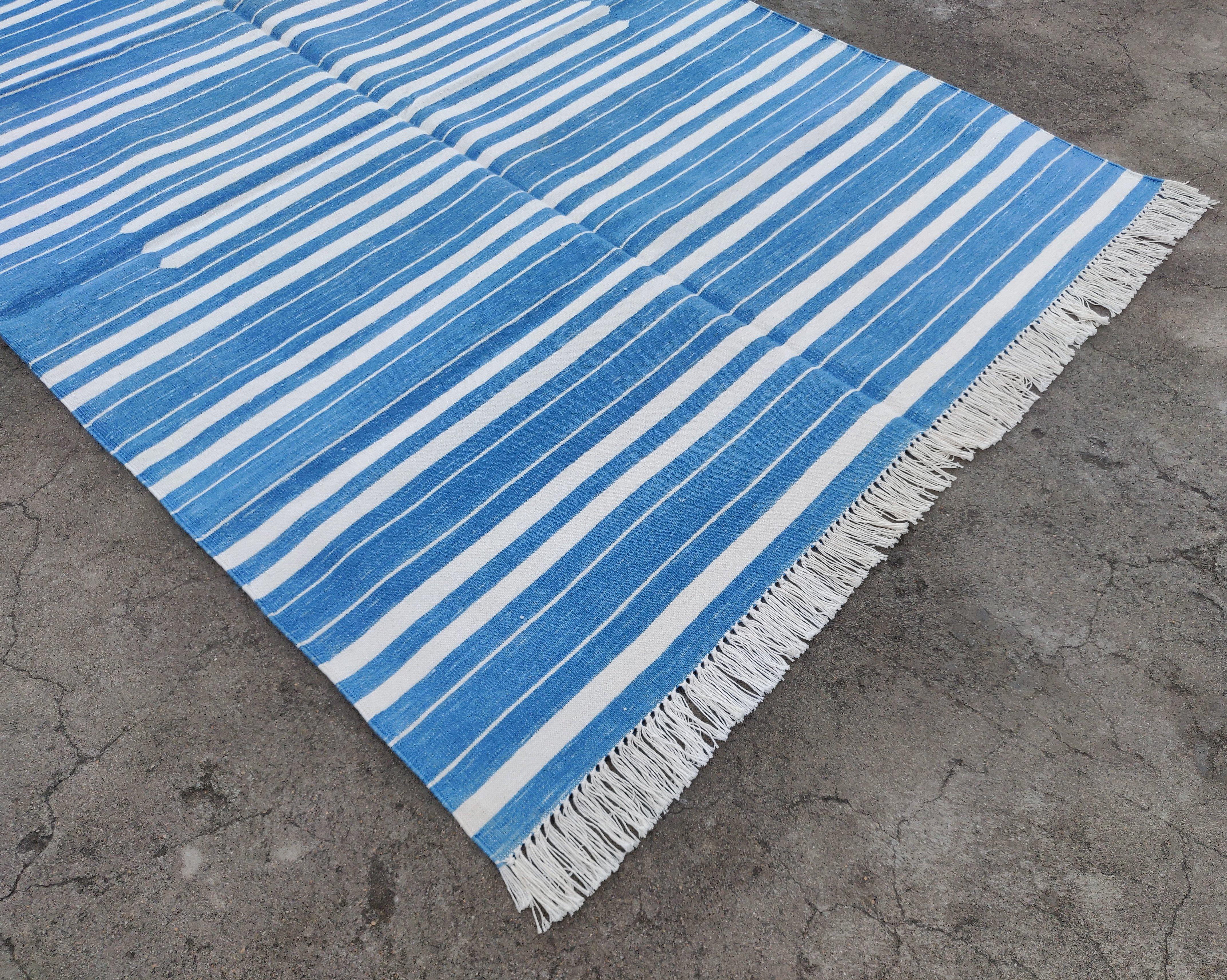 Hand-Woven Handmade Cotton Area Flat Weave Rug, 4x6 Blue And White Striped Indian Dhurrie For Sale