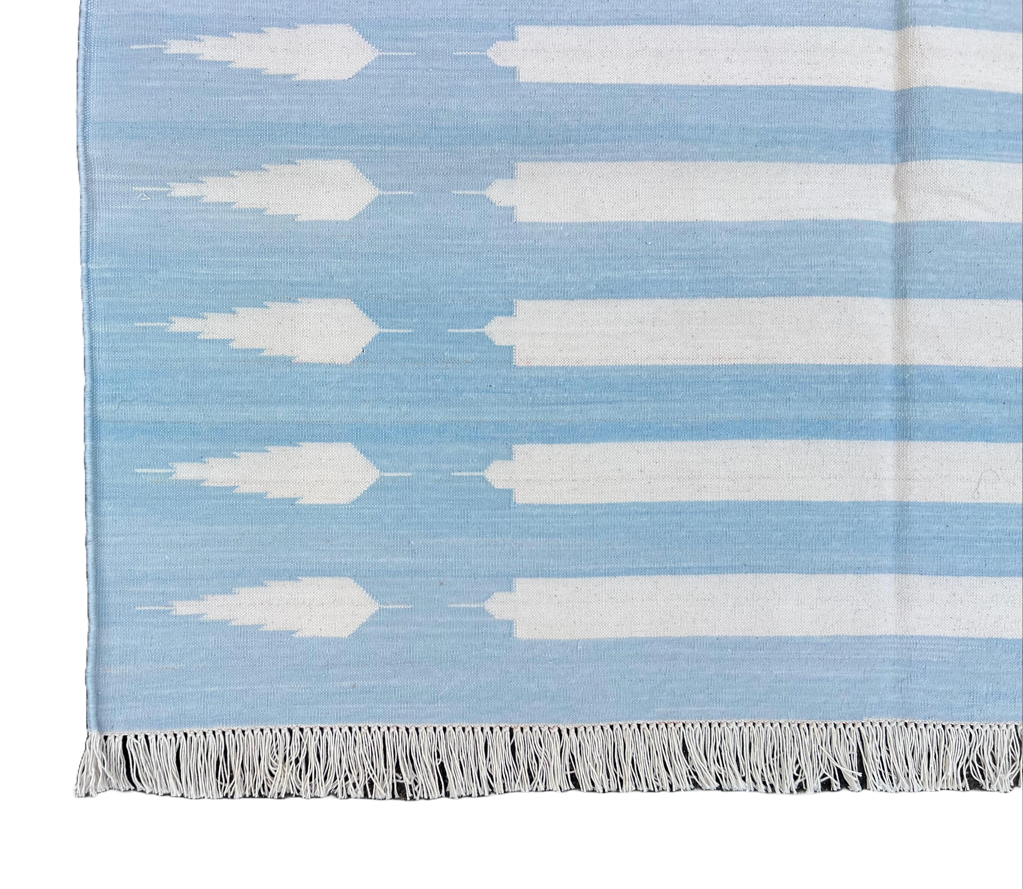 Hand-Woven Handmade Cotton Area Flat Weave Rug, 4x6 Blue And White Striped Indian Dhurrie For Sale