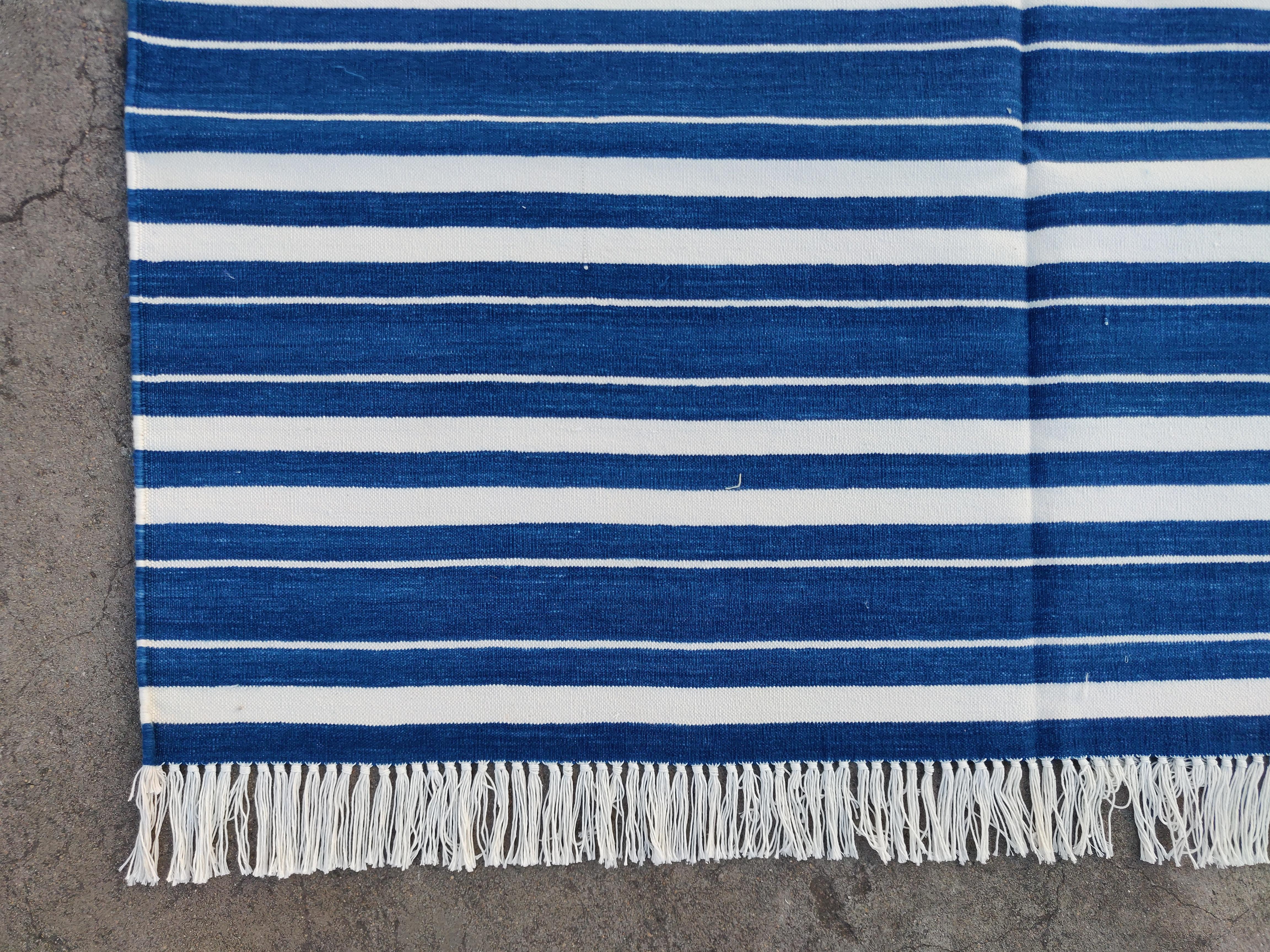 Contemporary Handmade Cotton Area Flat Weave Rug, 4x6 Blue And White Striped Indian Dhurrie For Sale