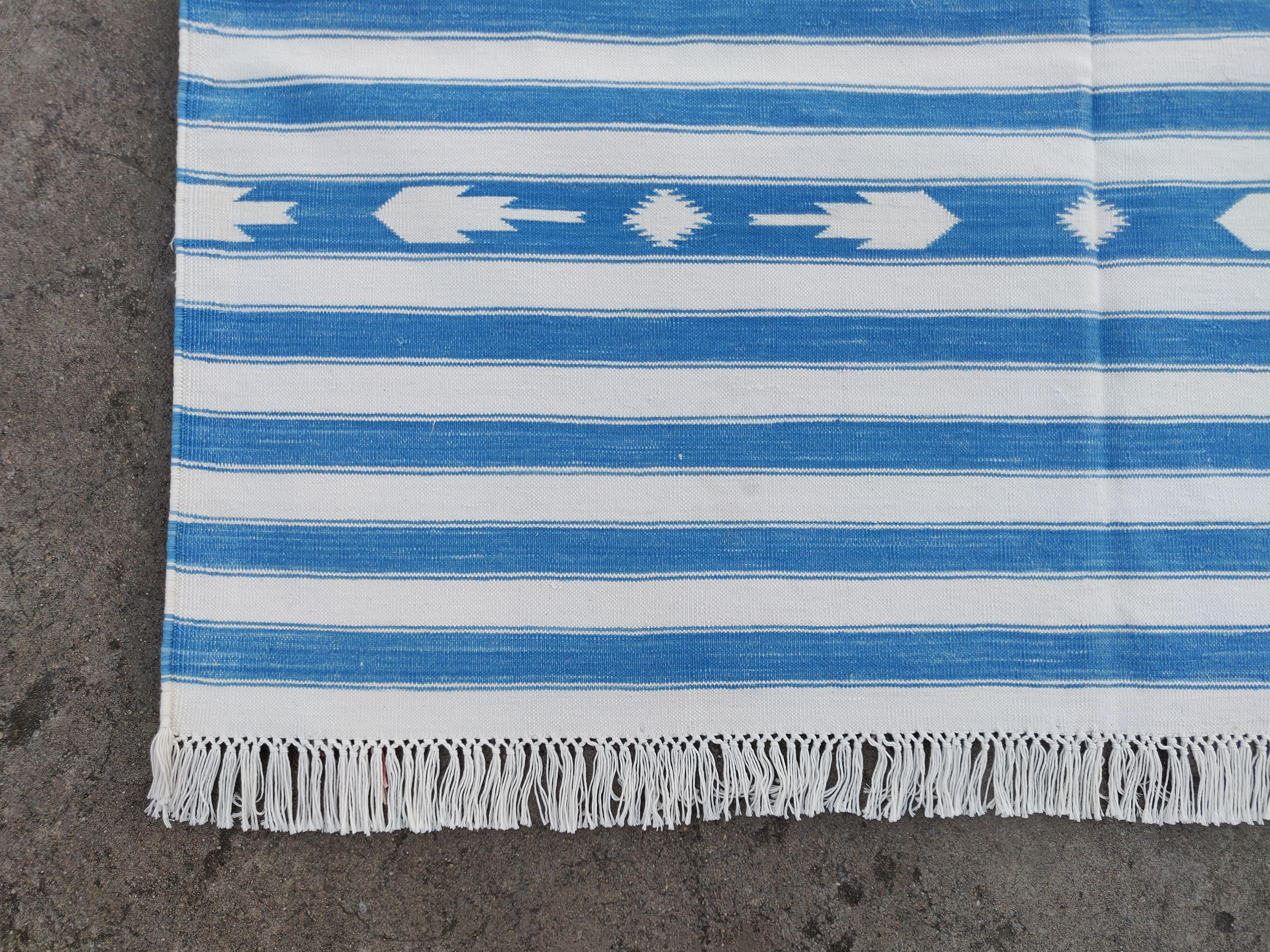 Handmade Cotton Area Flat Weave Rug, 4x6 Blue And White Striped Indian Dhurrie For Sale 1
