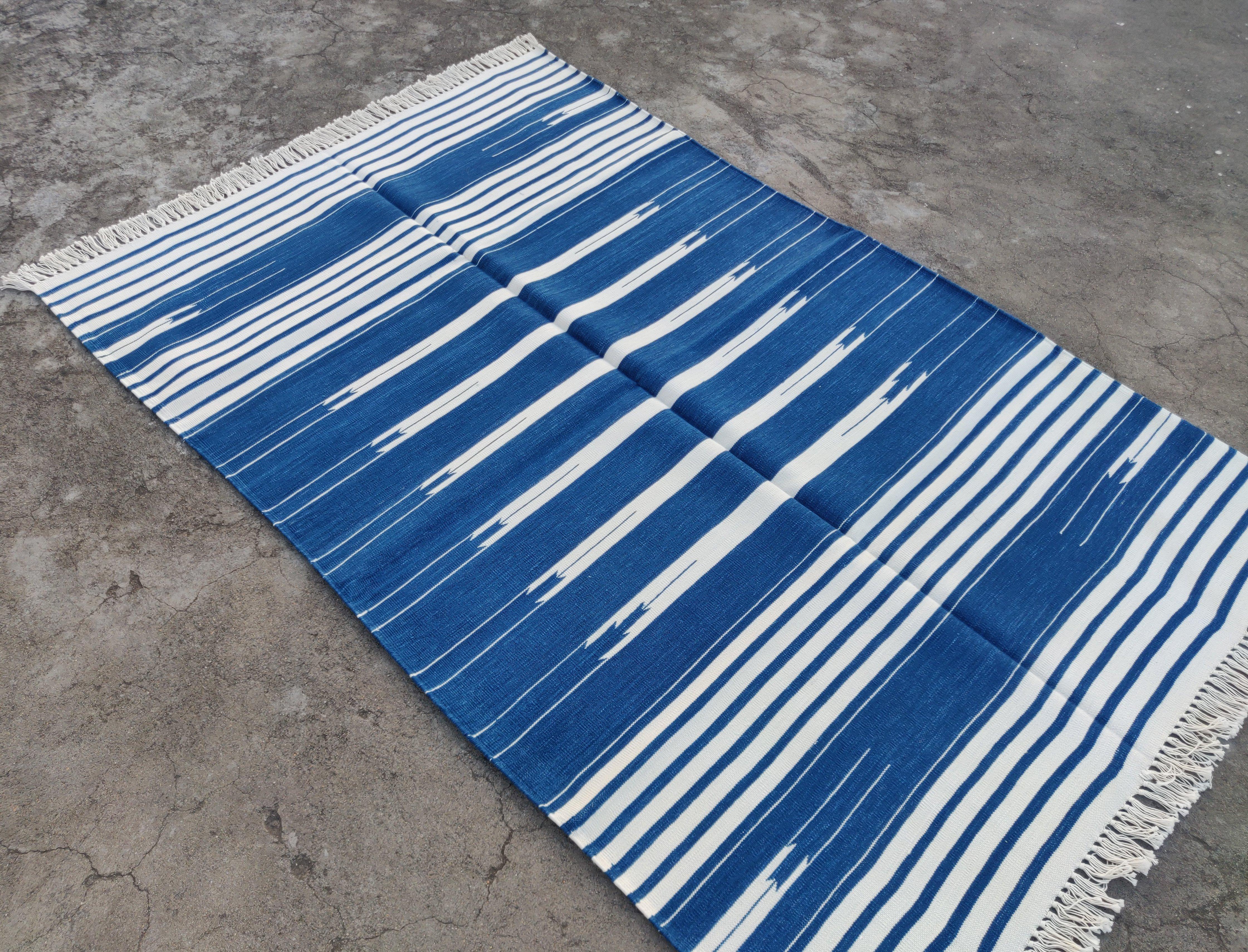 Handmade Cotton Area Flat Weave Rug, 4x6 Blue And White Striped Indian Dhurrie For Sale 1