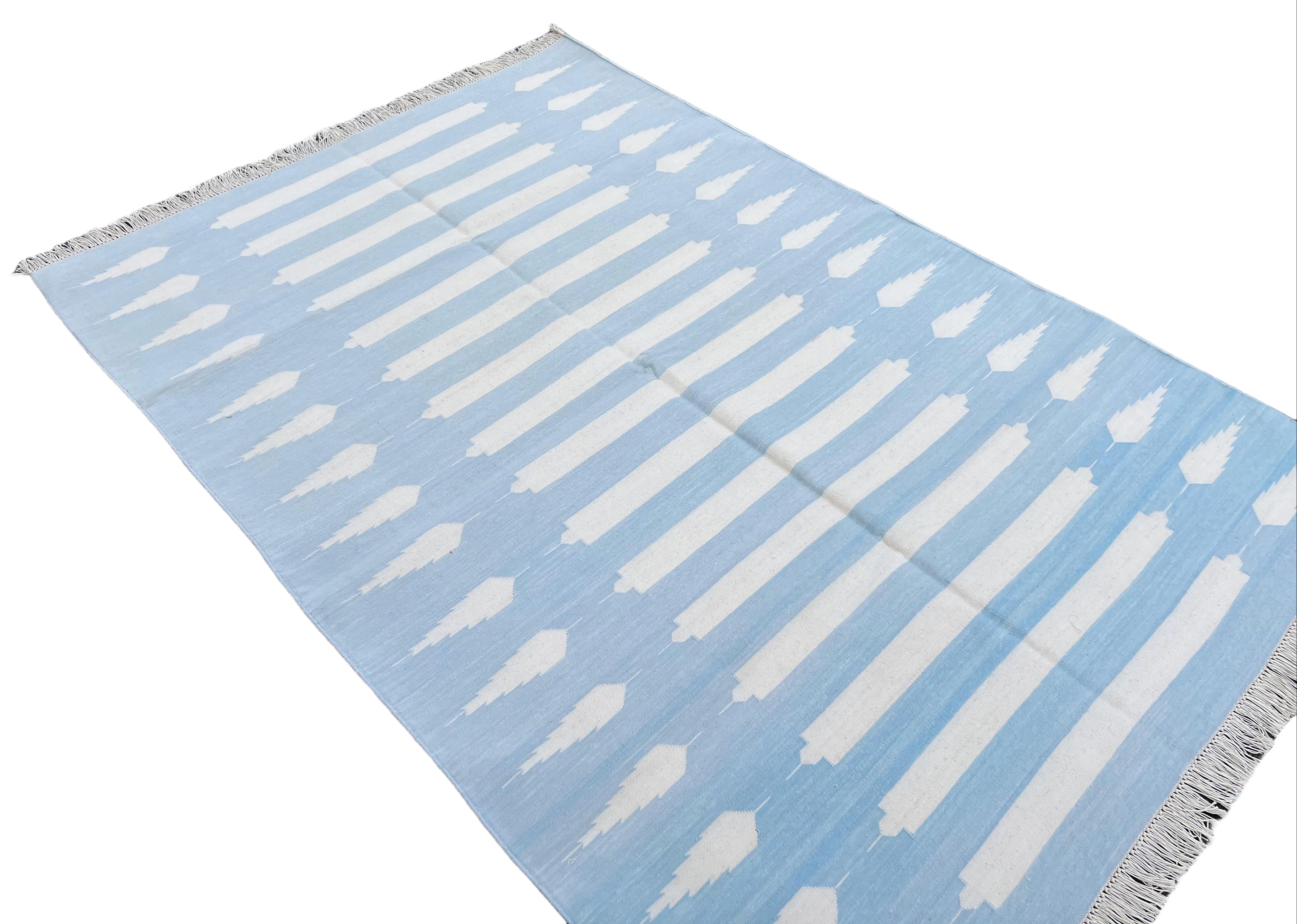 Handmade Cotton Area Flat Weave Rug, 4x6 Blue And White Striped Indian Dhurrie For Sale 1