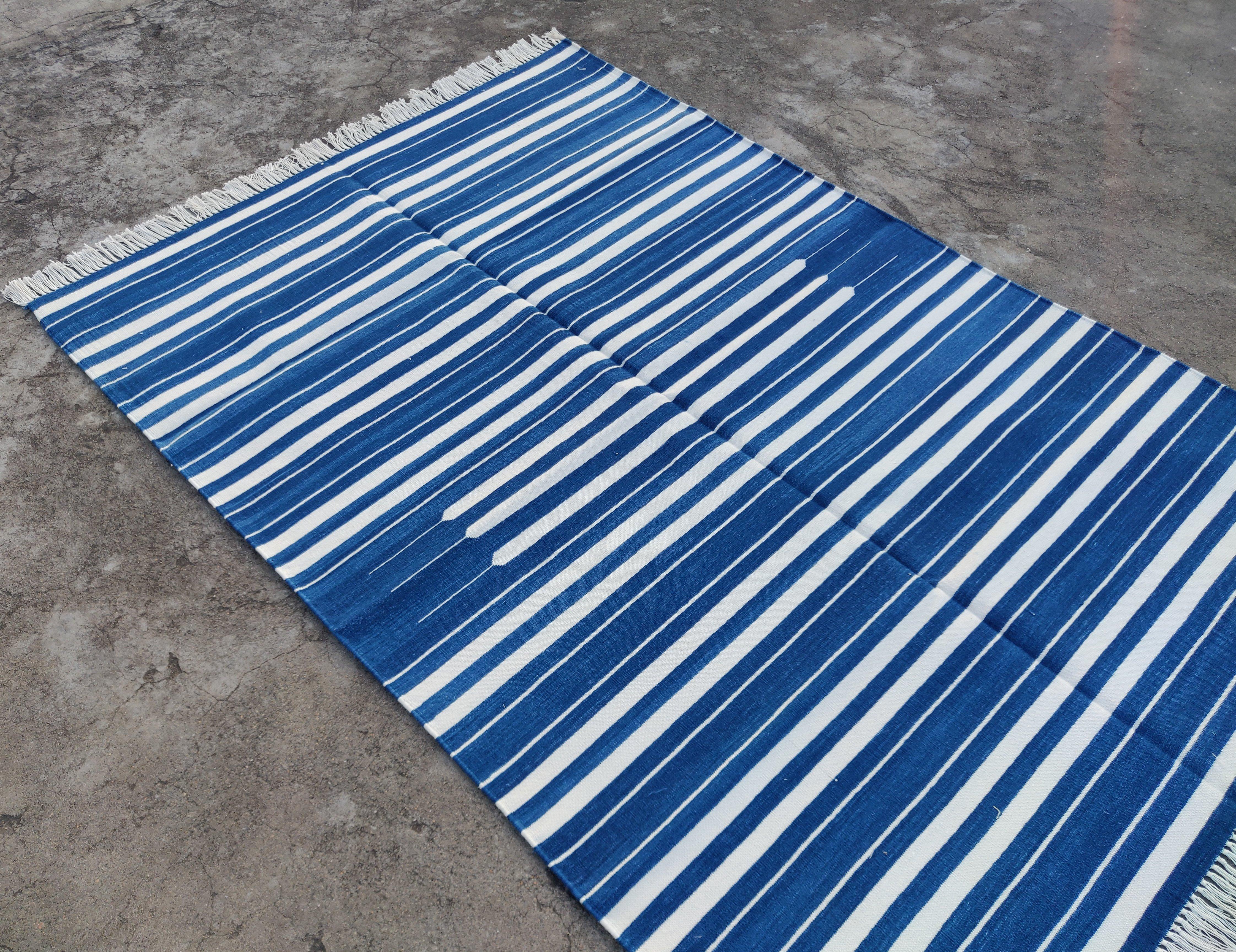 Handmade Cotton Area Flat Weave Rug, 4x6 Blue And White Striped Indian Dhurrie For Sale 2