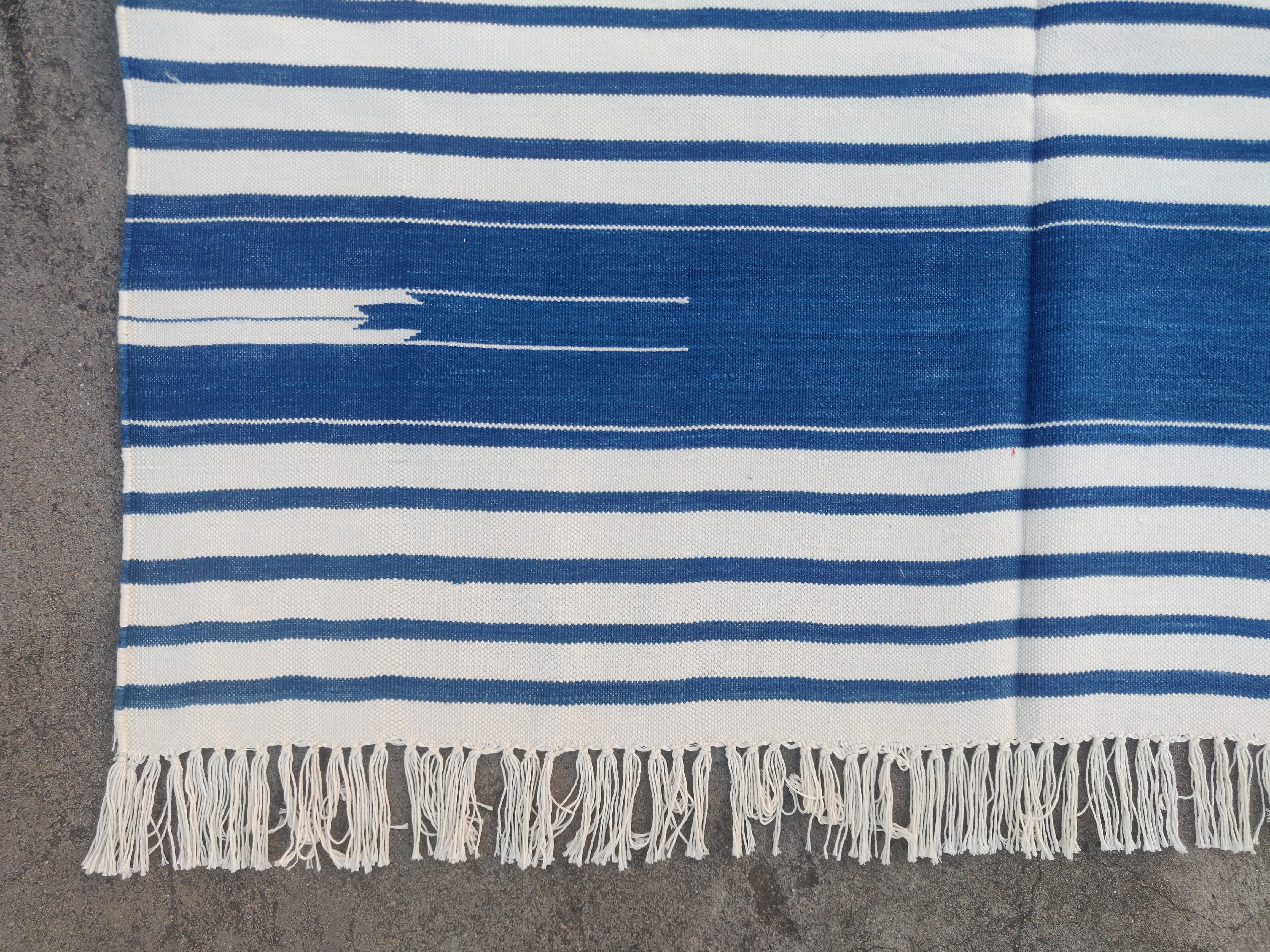 Handmade Cotton Area Flat Weave Rug, 4x6 Blue And White Striped Indian Dhurrie For Sale 2