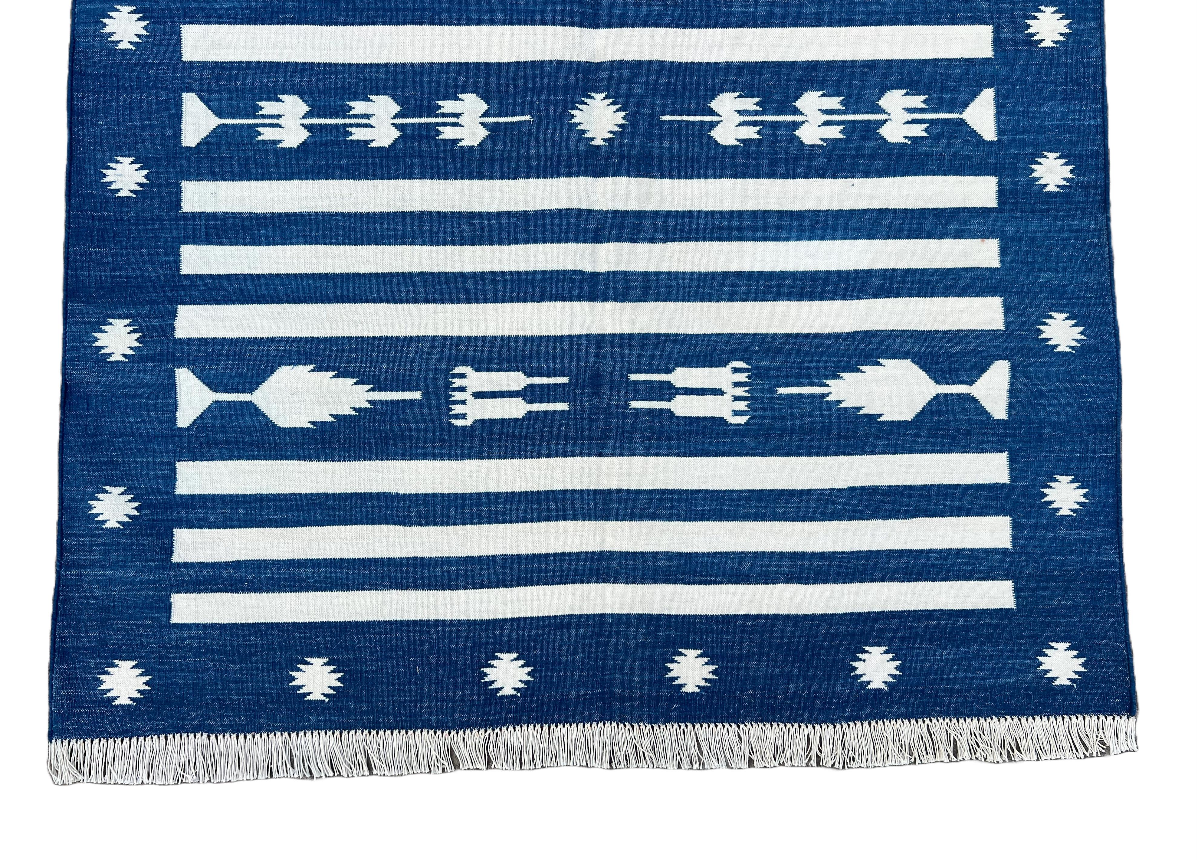 Handmade Cotton Area Flat Weave Rug, 4x6 Blue And White Striped Indian Dhurrie For Sale 3