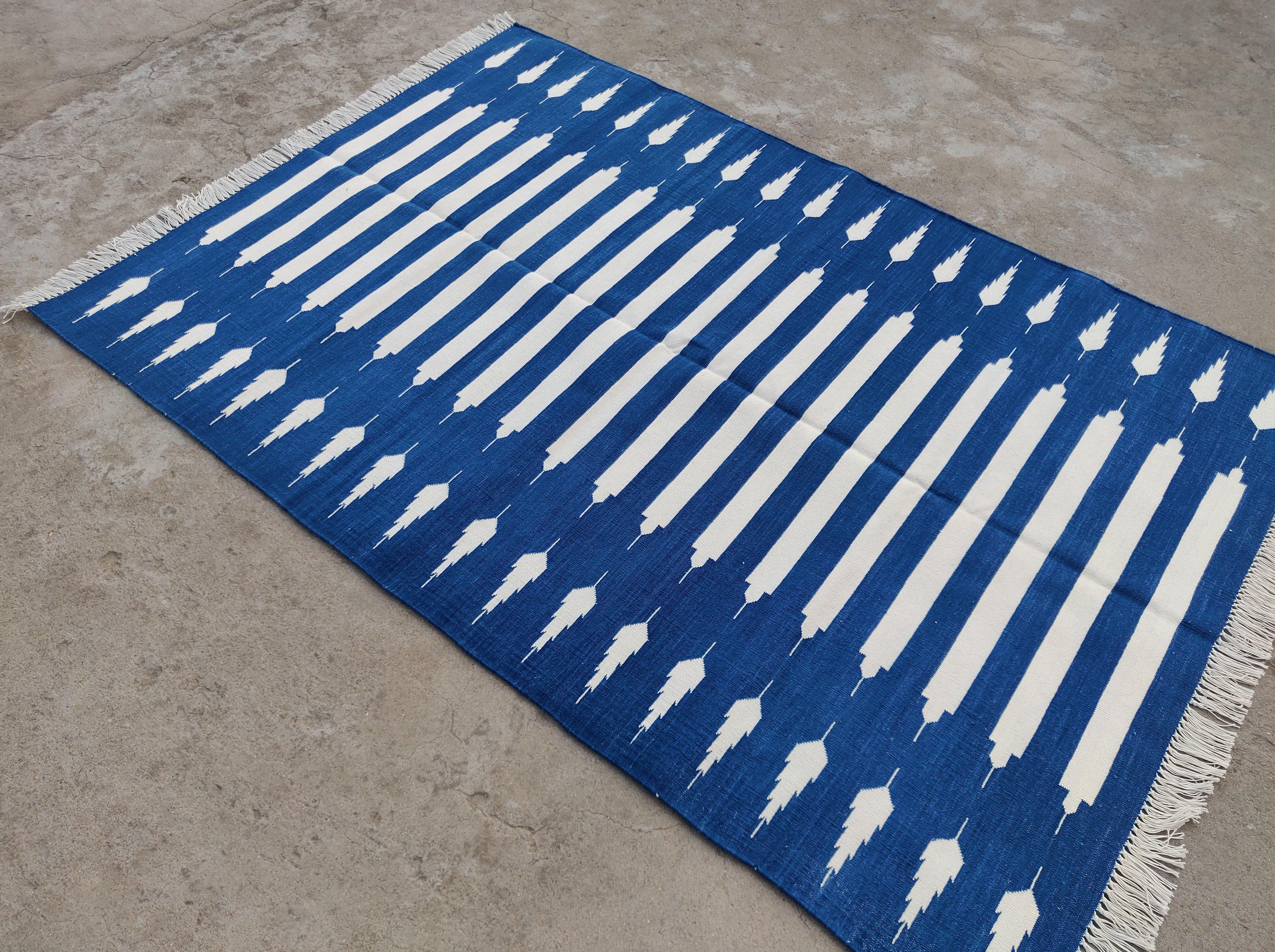 Handmade Cotton Area Flat Weave Rug, 4x6 Blue And White Striped Indian Dhurrie For Sale 3