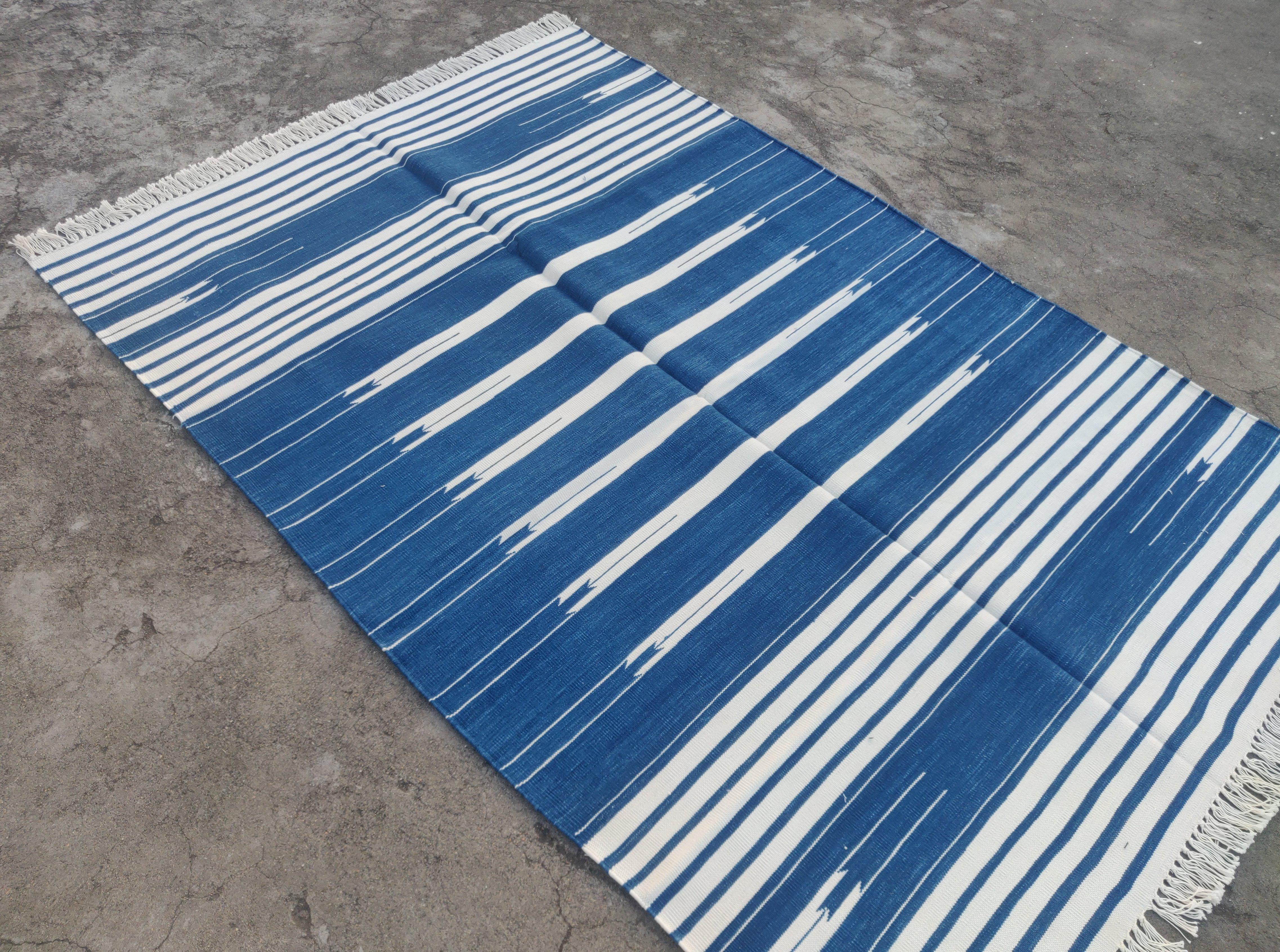 Handmade Cotton Area Flat Weave Rug, 4x6 Blue And White Striped Indian Dhurrie For Sale 3