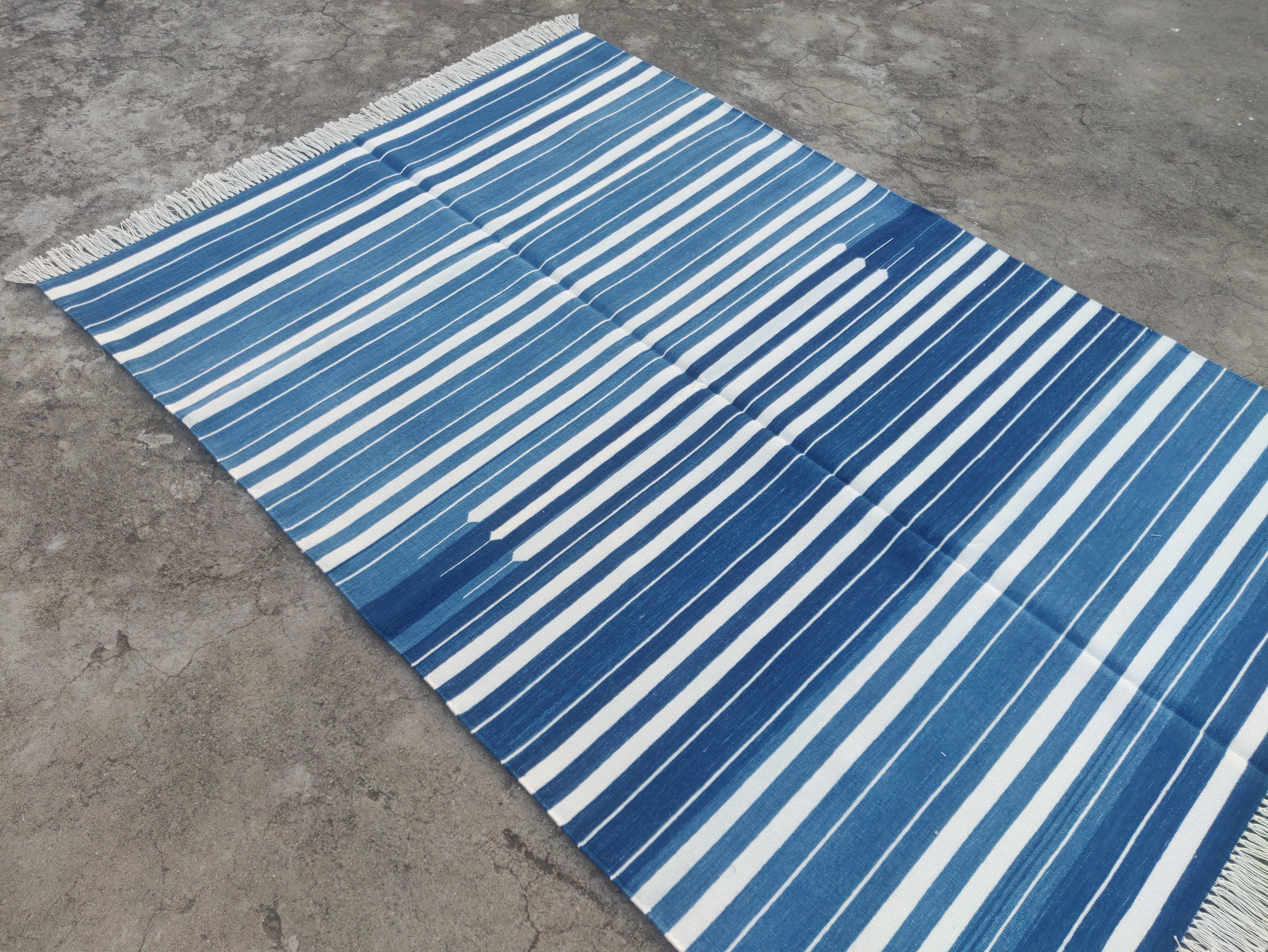Handmade Cotton Area Flat Weave Rug, 4x6 Blue And White Striped Indian Dhurrie For Sale 3