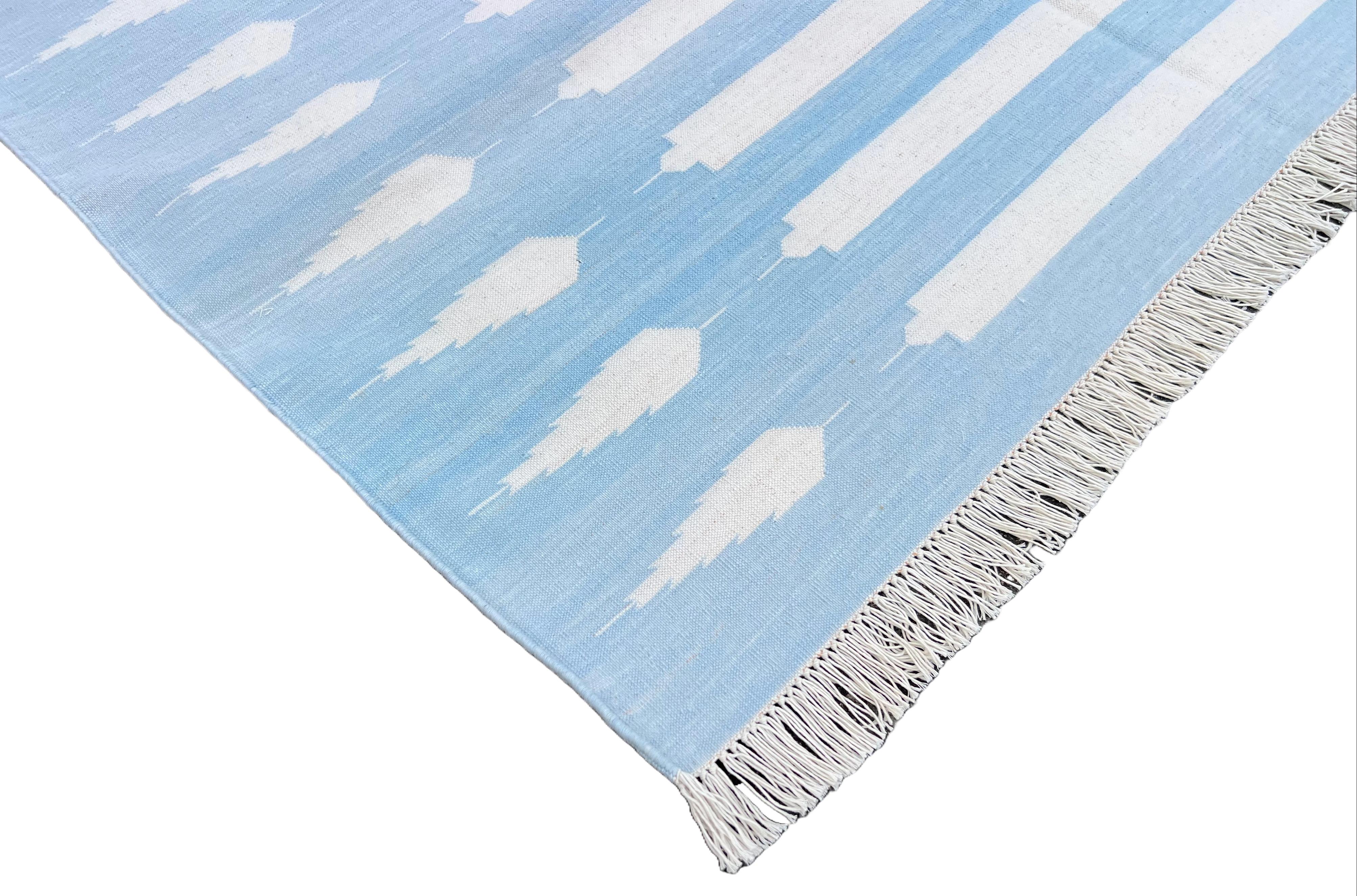 Handmade Cotton Area Flat Weave Rug, 4x6 Blue And White Striped Indian Dhurrie For Sale 3