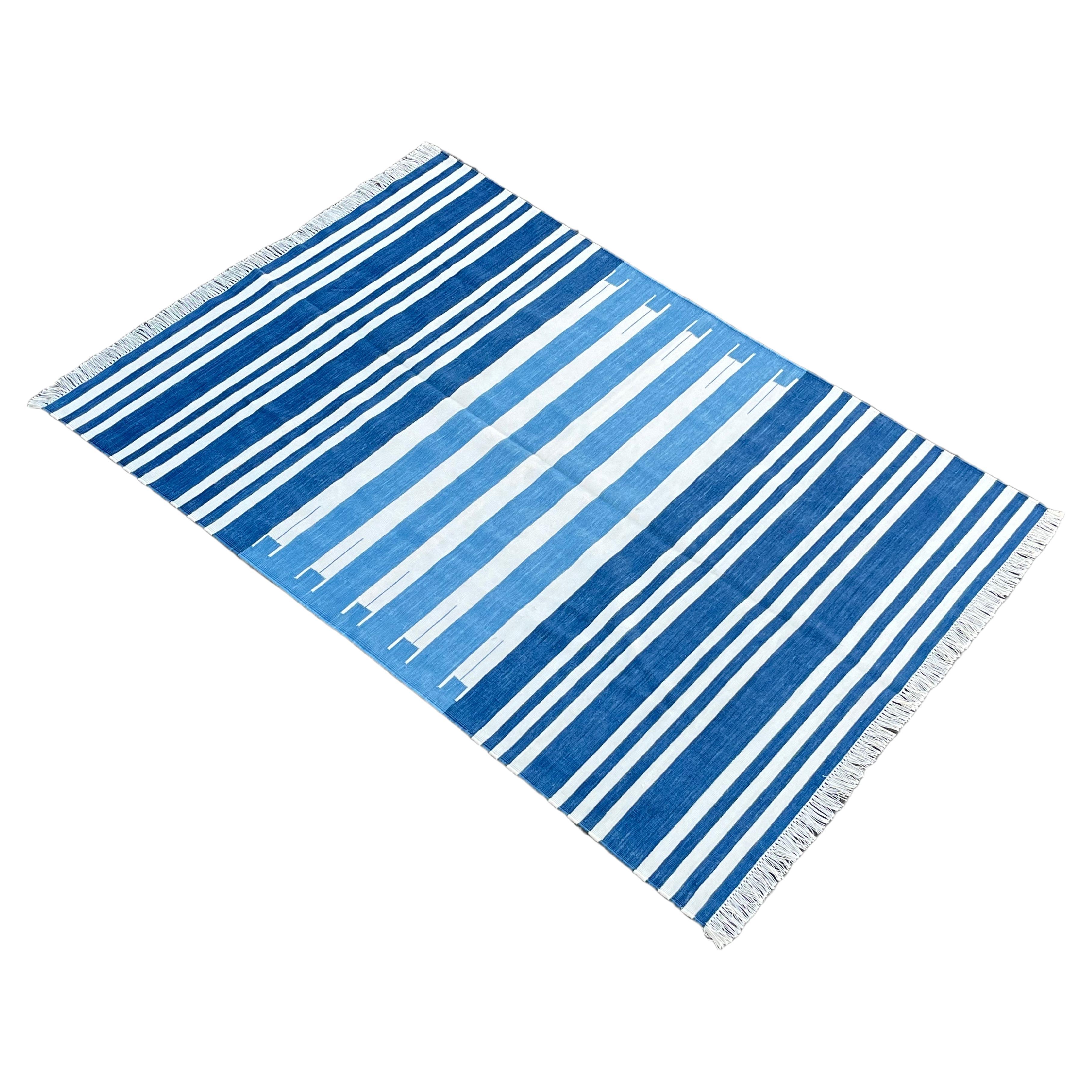 Handmade Cotton Area Flat Weave Rug, 4x6 Blue And White Striped Indian Dhurrie