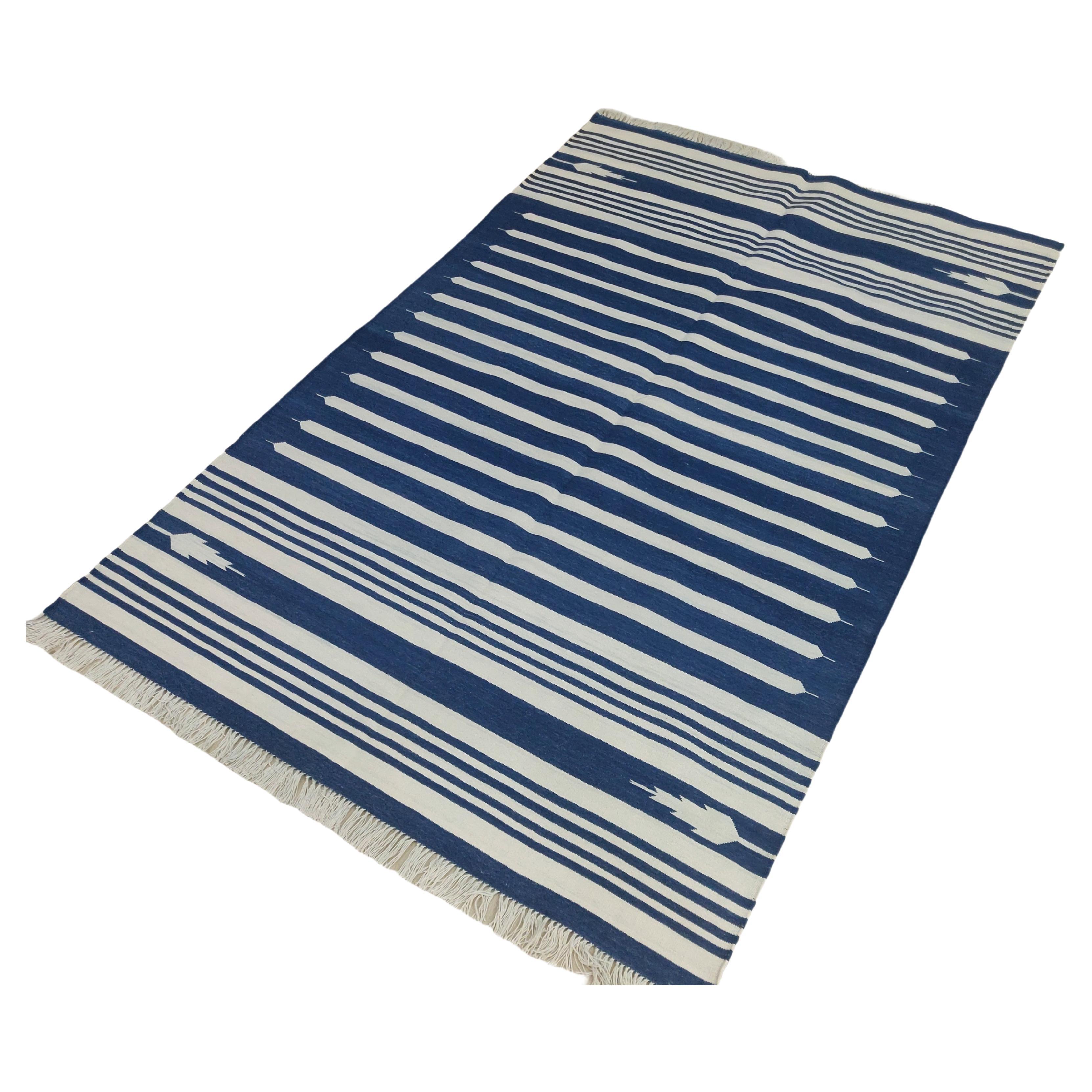 Handmade Cotton Area Flat Weave Rug, 4x6 Blue And White Striped Indian Dhurrie For Sale