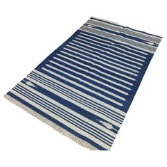 Handmade Cotton Area Flat Weave Rug, 4x6 Blue And White Striped Indian Dhurrie