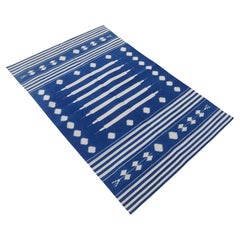 Handmade Cotton Area Flat Weave Rug, 4x6 Blue And White Striped Indian Dhurrie