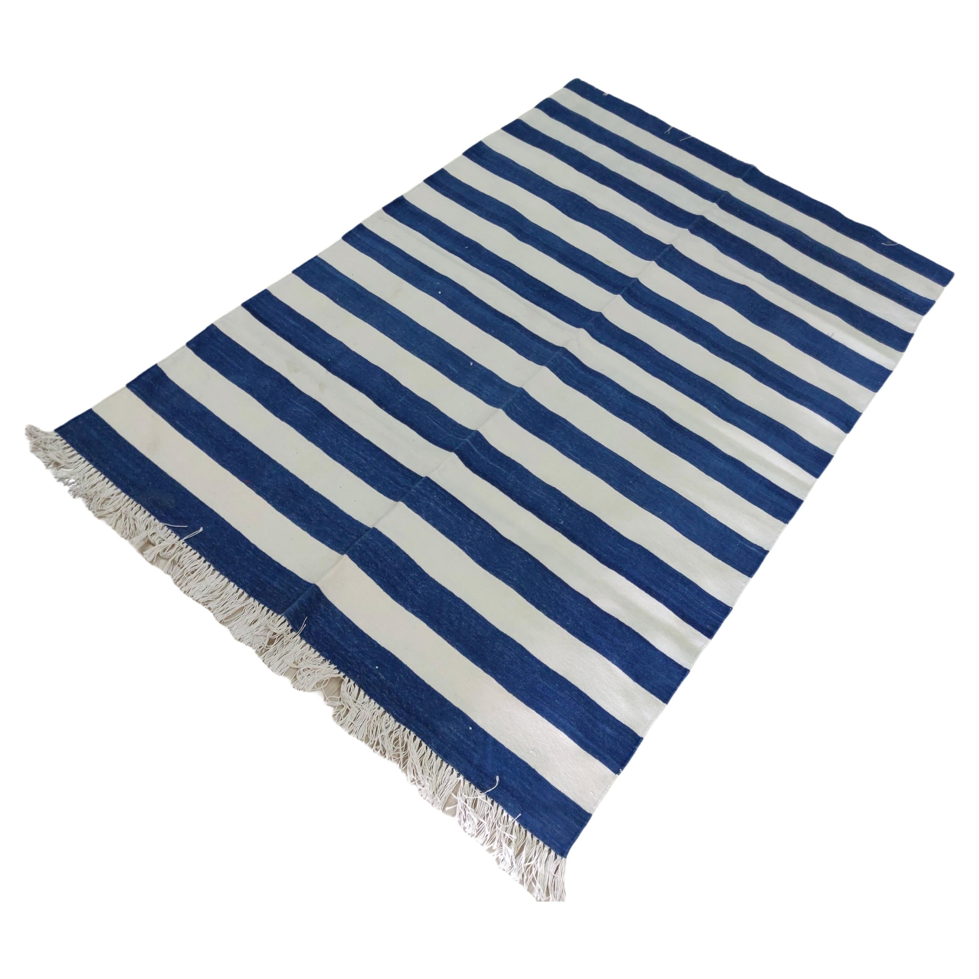 Handmade Cotton Area Flat Weave Rug, 4x6 Blue And White Striped Indian Dhurrie For Sale