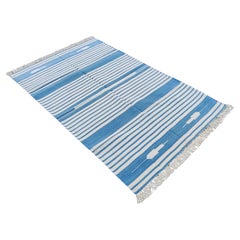 Handmade Cotton Area Flat Weave Rug, 4x6 Blue And White Striped Indian Dhurrie