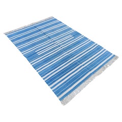 Handmade Cotton Area Flat Weave Rug, 4x6 Blue And White Striped Indian Dhurrie