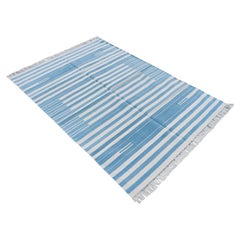 Handmade Cotton Area Flat Weave Rug, 4x6 Blue And White Striped Indian Dhurrie