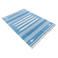 Handmade Cotton Area Flat Weave Rug, 4x6 Blue And White Striped Indian Dhurrie