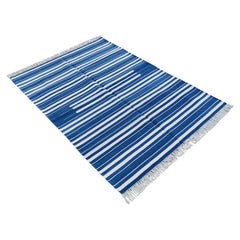 Handmade Cotton Area Flat Weave Rug, 4x6 Blue And White Striped Indian Dhurrie