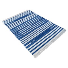 Handmade Cotton Area Flat Weave Rug, 4x6 Blue And White Striped Indian Dhurrie