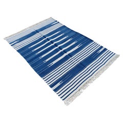 Handmade Cotton Area Flat Weave Rug, 4x6 Blue And White Striped Indian Dhurrie