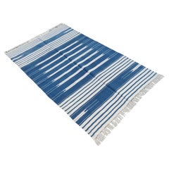 Handmade Cotton Area Flat Weave Rug, 4x6 Blue And White Striped Indian Dhurrie